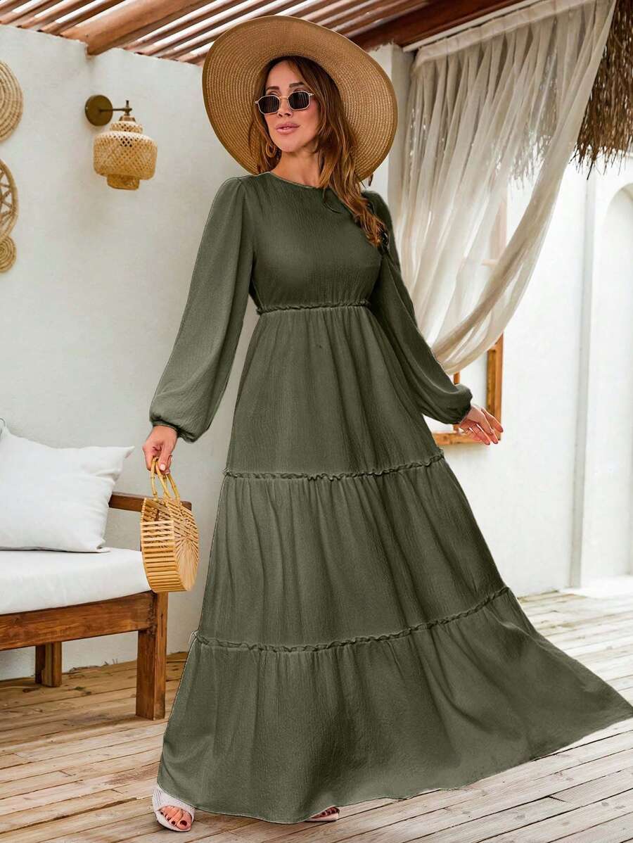 EURMUSE LANTERN LONG SLEEVE LAYERED LONG DRESS - Green - View 1