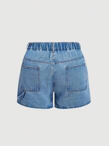 SHEIN PETITE CURVE Quần short denim xanh cỡ lớn cho nữ mùa hè, kỳ nghỉ, câu lạc bộ ngày 4 tháng 7, văn phòng, hòa nhạc đồng quê, quần short cạp cao phong cách Grunge - Màu xanh lam - Xem 3