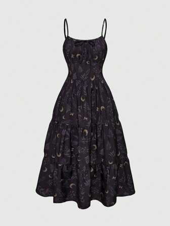 Goth Back To School Purple Summer Vacation Moon & Plant Retro Full Print Women Spaghetti Strap Dress Celestial Dress