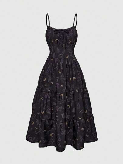 Goth Vestido de tirantes finos con estampado completo retro de vacaciones de verano con luna y plantas en color morado para mujer