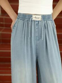 Sparklyn Teen Girl Blue Denim Effect Wide Leg Pants, Casual, Versatile, Lightweight For Spring & Summer, School, Campus, College Fall Winter - Blue - View 4