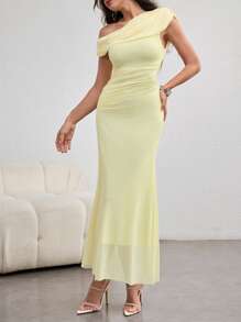 Modelyn Women's Extra Long Asymmetrical Ruched Knitted Slit Shoulder Bodycon Mesh Dress, Elegant & Charming, Light Yellow, Spring/Summer Yellow One Shoulder Ruched Dress - Light Yellow - View 4