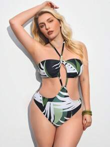 Maija 加大码女式热带植物印花镂空吊带性感连体泳衣 - 彩色 - 查看 1