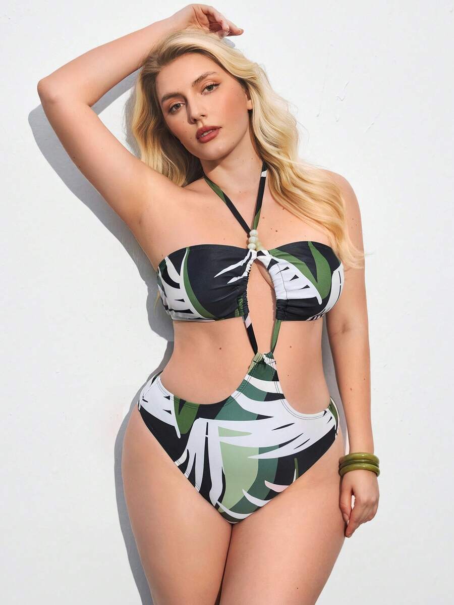 Maija 加大码女式热带植物印花镂空吊带性感连体泳衣 - 彩色 - 查看 1