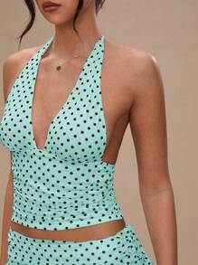 SHEIN BAE Women's Summer Polka Dot Print Plunging V-Neck Halter Camisole Top