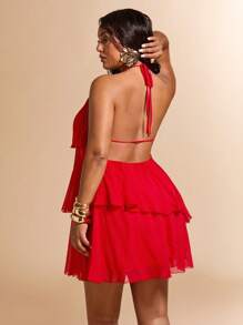 SHEIN BAE Plus Size Summer Beach Vacation Solid Red Cascading Lotus Leaf Cake Chiffon Mini Dress, Suitable For Daily Dating, Night Out,Red Dress,Back To School Girls Clothes,Girls Summer Outfits,Fall Clothes,School Clothes,Halloween,Winter,Y2k Clothes ,Vintage,Vacation Outfits Woman,Plus Size Women Clothes,Summer Dresses For Women