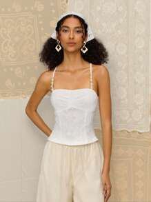 SHEIN MOD 女士夏季花卉蕾丝交叉露背修身吊带背心，夏季，海滩，度假，防晒上衣，女士生日上衣，优雅上衣，海滩度假，夏威夷，早午餐，端庄上衣，Y2K风格上衣 - 白色 - 查看 4