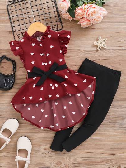 SHEIN Ung flicka Love Hjärttryck Kort Framtill Lång Tillbaka Skjorta Och Byxor Enkel Komfort Färgblock 2 st.