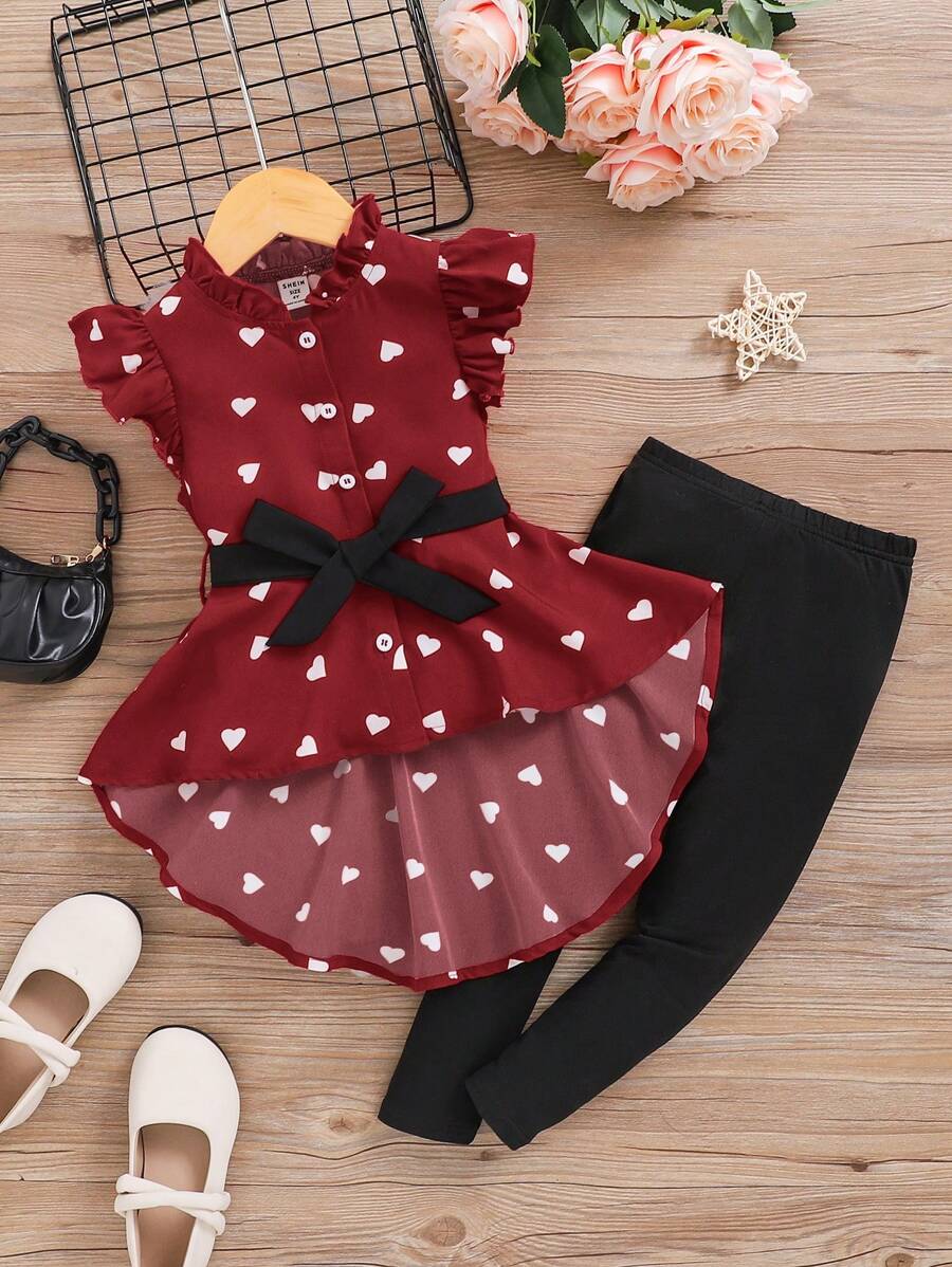 SHEIN 年輕女孩愛心印花短前長後襯衫和褲子,休閒舒適的拼色2件套裝 - 紅色 - 查看 1