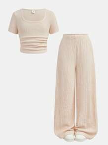 SHEIN 青少年女孩休闲时尚百搭针织纹理圆领褶皱腰修身短袖上衣和宽松阔腿长裤套装，周末休闲出游，返校 - 卡其色 - 查看 11