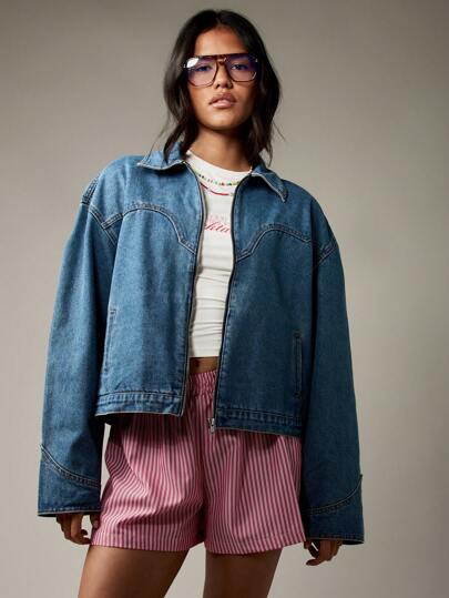 MISSGUIDED Western Style Denim Trucker Jacket Oversized Relaxed Fit Fall Winter Fashion Streetwear Classic Vintage Inspired Outerwear