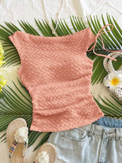 Soleia Women Apricot Knit Bubble Texture Fabric Off Shoulder Tie Waist Slim Fit Blouse, Suitable For Party, Date, City Street, Road Trip, Summer Beach Resort Summer Tops Women Knit Top Women Summer Top Women Knit Tank Knit Tops Knit Tank Top Summer Knit Top Women Knit Top Crochet Top