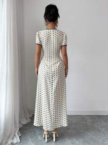 Rafferiza 春夏常规女式方领短袖拼布腰部褶饰全裙黑色和杏色波尔卡圆点印花长裙，法式休闲优雅学院度假家庭聚会毕业派对音乐节 - 黑與白 - 查看 2