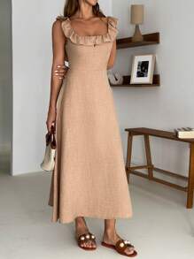 SHEIN Frauen, Frühling, Sommer, knöchellange Länge, Rüschen-Ausschnitt, Boho-Kleid, niedlich, tiefer Rückenausschnitt, regular Passform