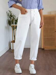 EMERY ROSE 女式口袋喇叭裤休闲七分裤长牛仔裤 - 白色 - 查看 5