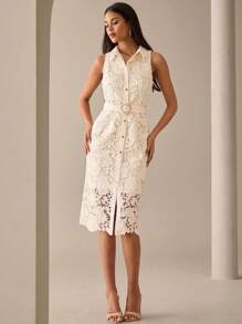 Lilora Vestido de encaje de longitud media con cuello de camisa sin mangas, elegante y bordado con diseño calado, adecuado para ir a trabajar, uso diario y fiestas, con estilo urbano, romántico y elegante para salir - Albaricoque - Ver 5