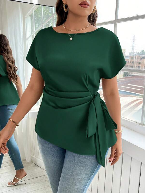 Reflora Camisa Plus Size Elegante de Cor Sólida com Amarração na Cintura, Verão