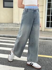 SHEIN Vintage American Style Baggy 2 In 1 Jeans For Tween Girl - Blue - View 4