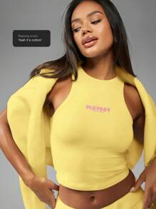Missguided x Playboy MISSGUIDED Camiseta sin mangas tipo deportivo con espalda de tirantes para entrenamiento, correr, verano, de algodón para mujer