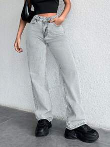 SHEIN Cottnline Women's Loose Straight Leg Jeans With Pockets, Casual & Versatile - Baby Blue - View 3