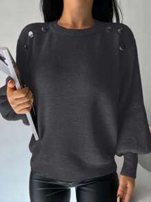 EURMUSE 女士休闲宽松简约圆领长袖套头毛衣，百搭日常穿着 - 灰色 - 查看 3