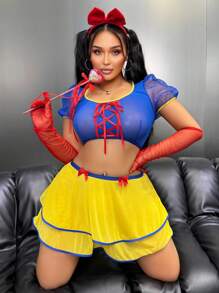 SHEIN 大码圆领泡泡袖撞色饰边蝴蝶结上衣和迷你裙三件套内衣套装 - 彩色 - 查看 4