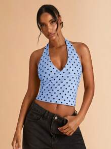 SHEIN BAE Áo ba lỗ hở vai in chấm bi đen thường ngày, thích hợp mặc khi ăn sáng, đi chơi, hẹn hò, đi làm, thường ngày, Ibiza - Màu xanh lam - Xem 4
