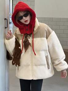 DAZY 青少年（女孩）韩版撞色羊毛拼布休闲棉服冬季外套 - 彩色 - 查看 5