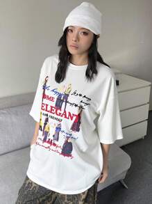 DAZY Camisa T Solta e Casual Feminina com Estampa Gráfica para Uso Diário no Streetwear - Branco - Visão 1