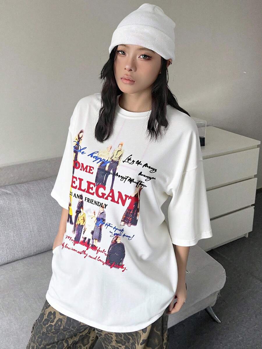 DAZY Camisa T Solta e Casual Feminina com Estampa Gráfica para Uso Diário no Streetwear - Branco - Visão 1