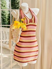 Skyraze Women's Turtleneck Striped Casual Dress - Multicolor - View 4