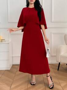 DAZY 女士酒红色连衣裙，腰部收紧，斗篷式设计，夏季红色女士连衣裙，圣诞节 - 紅色 - 查看 4