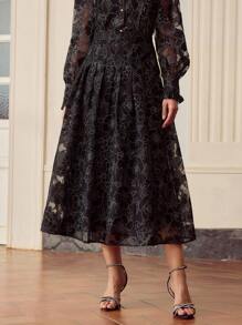 ZEYLAH 女士优雅透明黑色花卉镂空半身裙，夏季 - 黑色 - 查看 4
