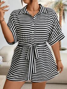 Flirla Plus Size Boho Casual Black And White Stripe Romper, For Summer Travel - Black and White - View 4