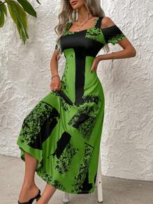 SHEIN LUNE 女式拼色连衣裙，适合夏季长款女装 - 橄欖綠 - 查看 4