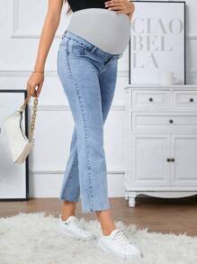 SHEIN Maternity High-Waisted Frayed Hem Casual 3/4 Jeans - Medium Wash - View 5