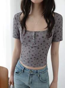 K-Vae Women's Summer Gray Floral Casual T-Shirt, Floral Print T-Shirt, Round Neck Tight Elastic Short Sleeve Cropped T-Shirt - Grey - View 7