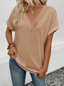 SHEIN LUNE Camiseta feminina casual com decote em V e manga curta, cor sólida, versátil para o verão - Damasco - Ver 4