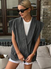 DAZY Chaqueta y abrigo de mezclilla de estilo informal, suelto y de vacaciones para mujer, nuevo modelo de verano para festival de música - Gris Oscuro - Ver 5