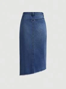 SHEIN MOD 女式休闲牛仔迷你裙，前开衩，下摆不对称，蓝色 - 深色水洗藍 - 查看 2