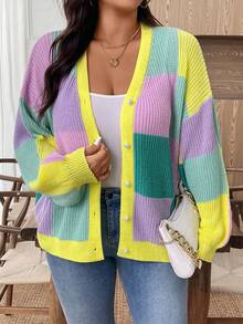 EMERY ROSE Plus Size Women Loose Casual Patchwork Cardigan Sweater Winter Fall Autumn