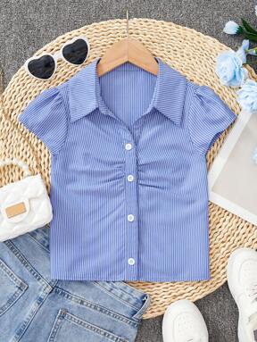 Tween Girls Simple Classic Blue Striped Short Sleeve Stand Collar Cardigan Shirt Girls Striped Shirt Blue Striped Shirt Girls Teen Girl Striped Shirt Kids Blue Striped Shirt Girls Summer Shirt
