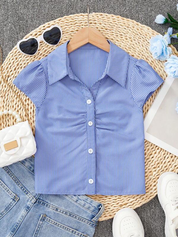 Tween Girls Simple Classic Blue Striped Short Sleeve Stand Collar Cardigan Shirt Girls Striped Shirt Blue Striped Shirt Girls Teen Girl Striped Shirt Kids Blue Striped Shirt Girls Summer Shirt