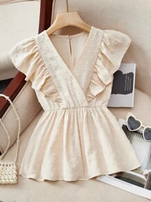 女童甜美可爱杏色纯色荷叶边下摆衬衫 - 杏色 - 查看 4