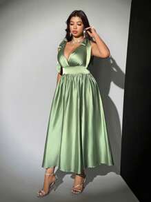 Viva Relle Plus Size Summer Elegant Solid Color Sleeveless Dress - Green - View 5