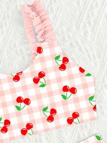 SHEIN Young Girl Strawberry Plaid Frill Trim Ruched Halter Bikini Set, Family Matching Outfits Mommy And Me (4 Pieces Sold Separately) - Multicolor - View 3