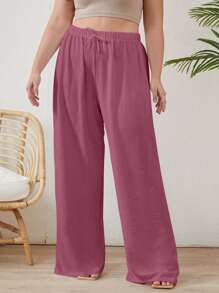 EURMUSE Plus Cottonline Knot Solid Color Casual Women's Pants - Pink - View 5