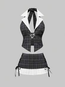 ROMWE Academia 2pcs Y2K College Girl Colorblock Crop Top And Mini Skirt Set - Grey - View 1