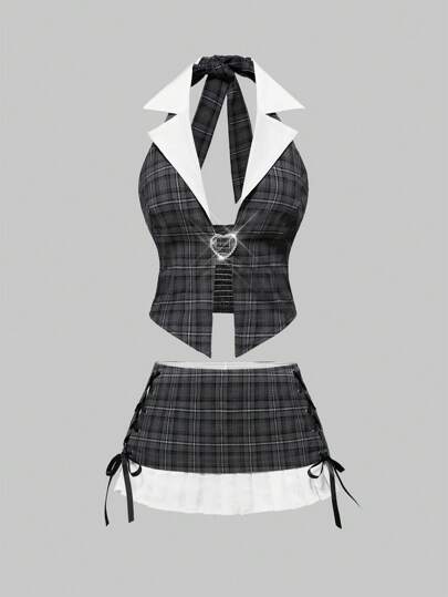 Academia 2 pièces Ensemble crop top et mini-jupe colorblocks style Y2K pour étudiantes