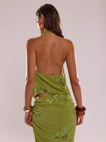 SHEIN BAE Women's Summer Green Flowers Gorgeous Sequins Plunging Neckline Sexy Fashion Halter Elegant Tops,Birthday,Vacay, Gorgeous Top - Green - View 2